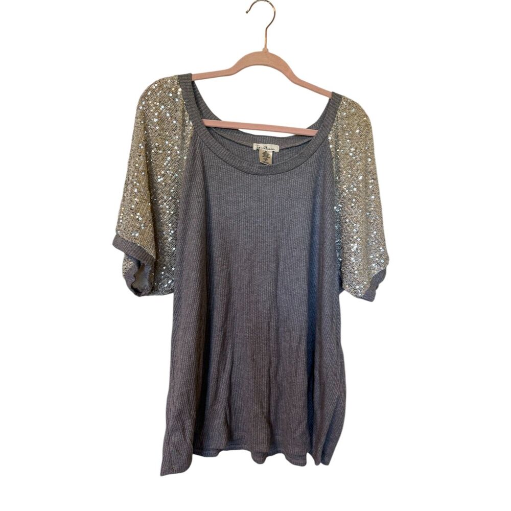 Tea, Please Grey Sequined Short Sleeve Shirt Women's Size 3X